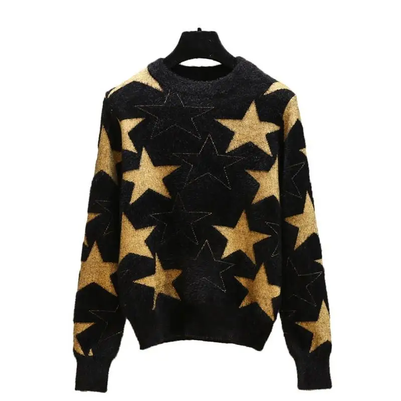 Модные 2019 черные платья-свитера пуловеры звезда норки флис свободные тонкий
