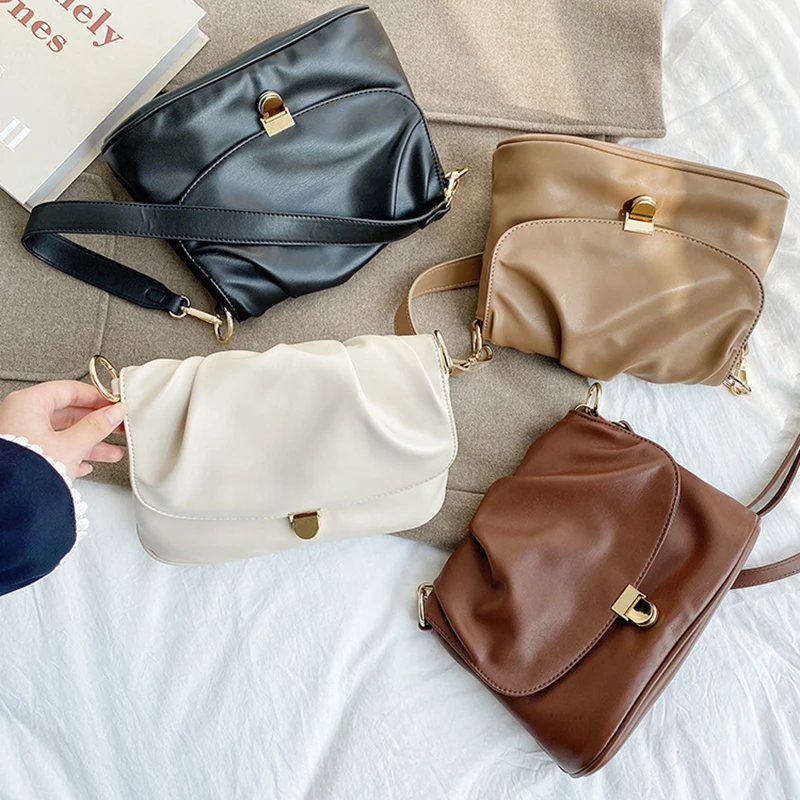 

Elegant Suit Solid Color Handbag Large Capacity Pleated Fold Square Shoulder Bags Texture Wild Crossbody Bag White Purse Handbag