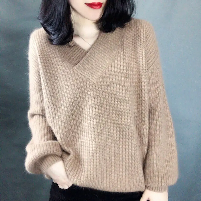Woherb осенне-зимний женский свитер с v-образным вырезом и длинным рукавом, однотонный пуловер размера плюс, Корейская винтажная модная новинка 91092 - Цвет: khaki pullover