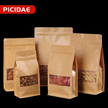 

Kraft Paper Eight Side Seal Storage Bags Frosted Window Ziplock Bag Dried Fruit Snack Food Chocolate Coffee Vertical Pouch 50pcs