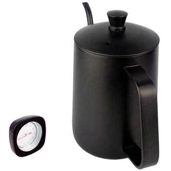 

Stainless Steel Coffee Kettle 600Ml Teflon Coating Long Mouth Spout Teapot Water Jug with Thermometer Coffee Pot Tools Black