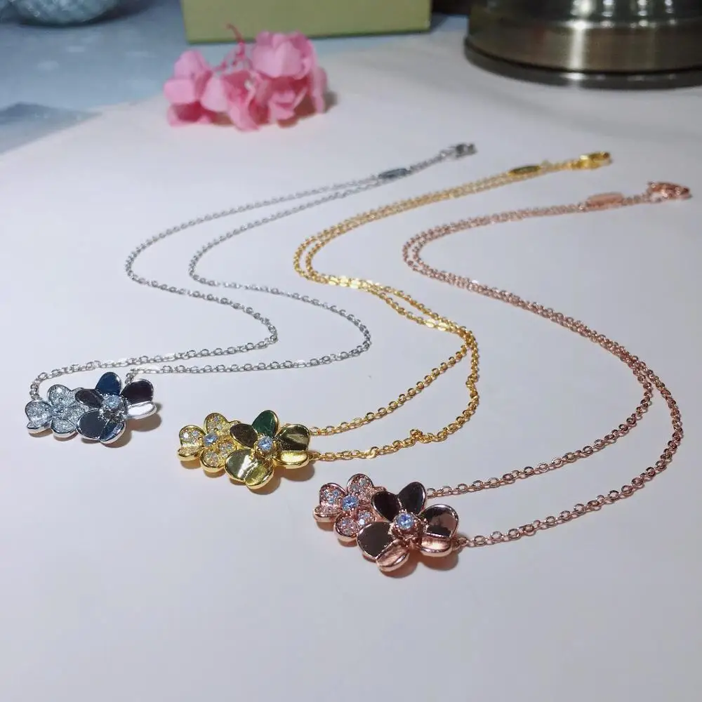 

Luxury 925 Sterling Silve Cubic Zirconia Three Leaves Flower necklace for Women Fashion double clover flower necklace Jewelry
