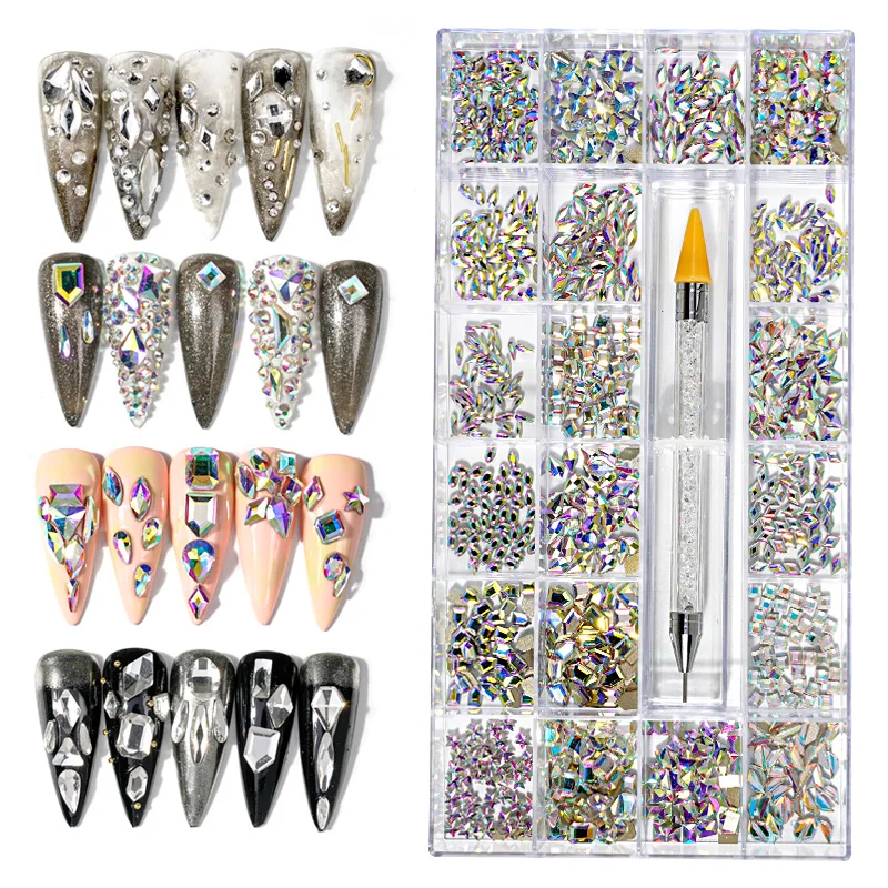 

1Box AB Crystals Rhinestones Nail Mixed-Designs Flatback With 1pc Wax Pen Nails Art DIY Glass Crystals Stones Craft Gems#4Colors