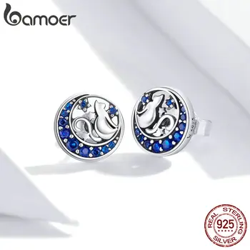 

bamoer GXE880 Mysterious Moon Kitty Real 925 Silver Blue Color Hypoallergenic Stud Earrings Women Fine Jewelry Korean Ear Studs