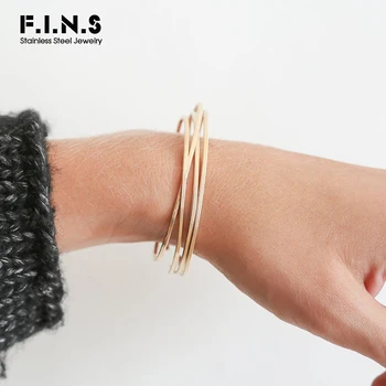 

F.I.N.S Three-tones Thin Stainless Steel Bangles for Women Trendy Stackable Cuff Bangle Bracelet Simple Women Fashion Jewelry