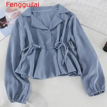 

Fengguilai Solid Turn-down Collor Chiffon Blouse Waist Lacing Bow Slim Female Shirts 2019 New Wrinkle Casual Blusas Tops