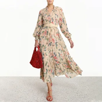 

New Flower Print Women Dress Fashion V-Neck Long Sleevesingle Breasted Dresses Z1207