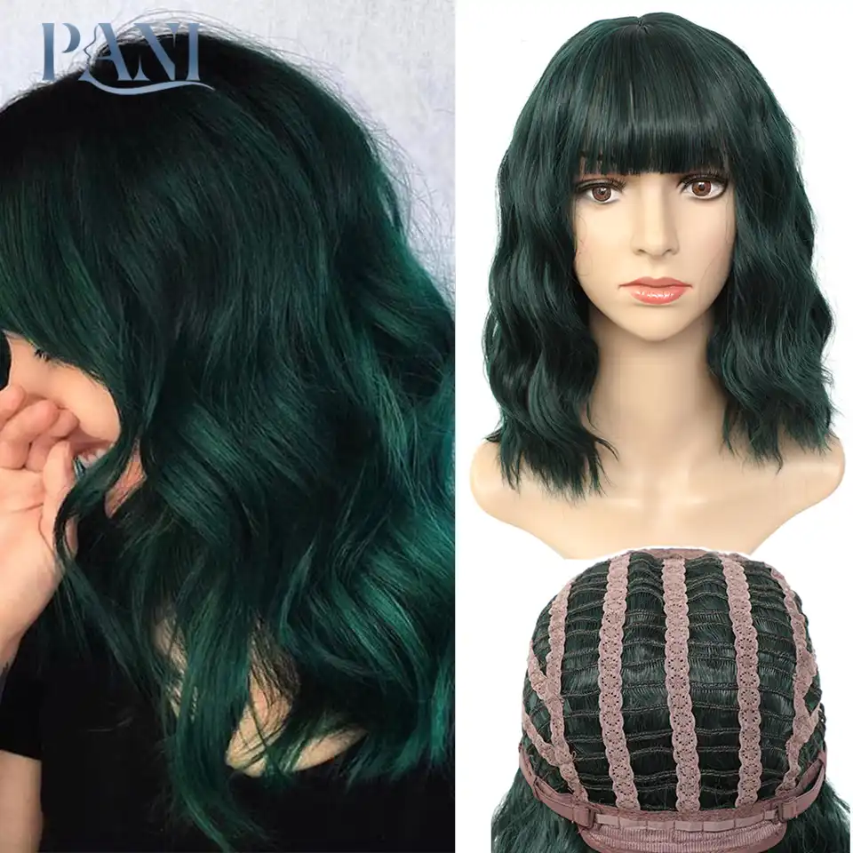 Pani Korotkij Volnistyj Parik S Chelkoj Sinteticheskie Pariki Dlya Zhenshin Naturalnye Zelenye Smeshannye Chernye Volosy Bob Pariki Termostojkie Volokna Lolita Parik Aliekspress