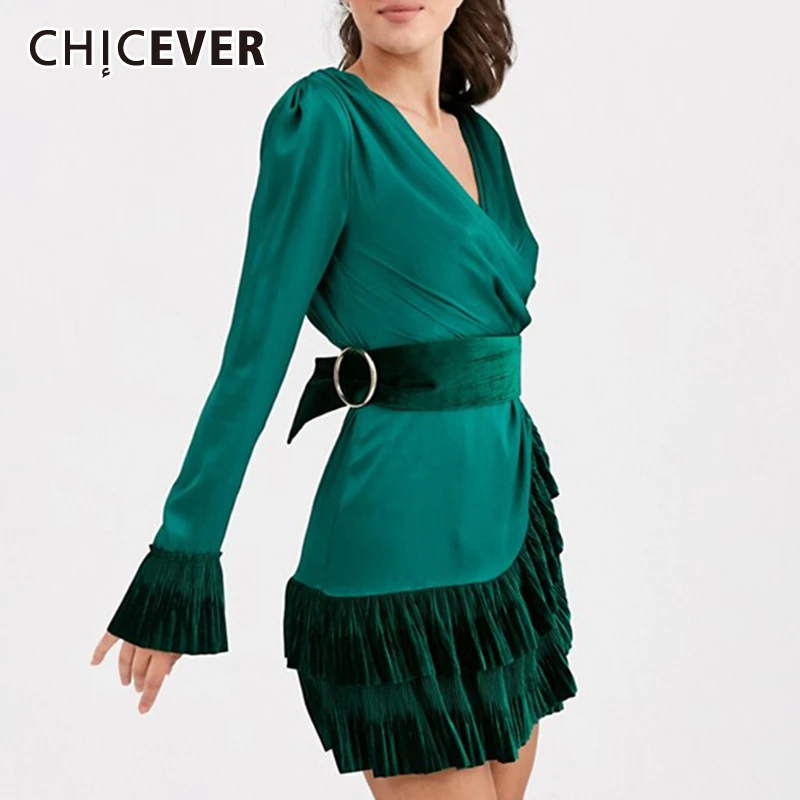 CHCIEVER, лоскутное, хит, цветное, необычное платье для женщин, v-образный вырез, расклешенное, длинный рукав, высокая талия, на шнуровке, с рюшами, платья для женщин, осень