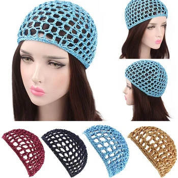 

2020 New Women's Mesh Hair Net Crochet Cap Solid Color Snood Sleeping Night Cover Turbans Hat Popular Casual Beanie Hats