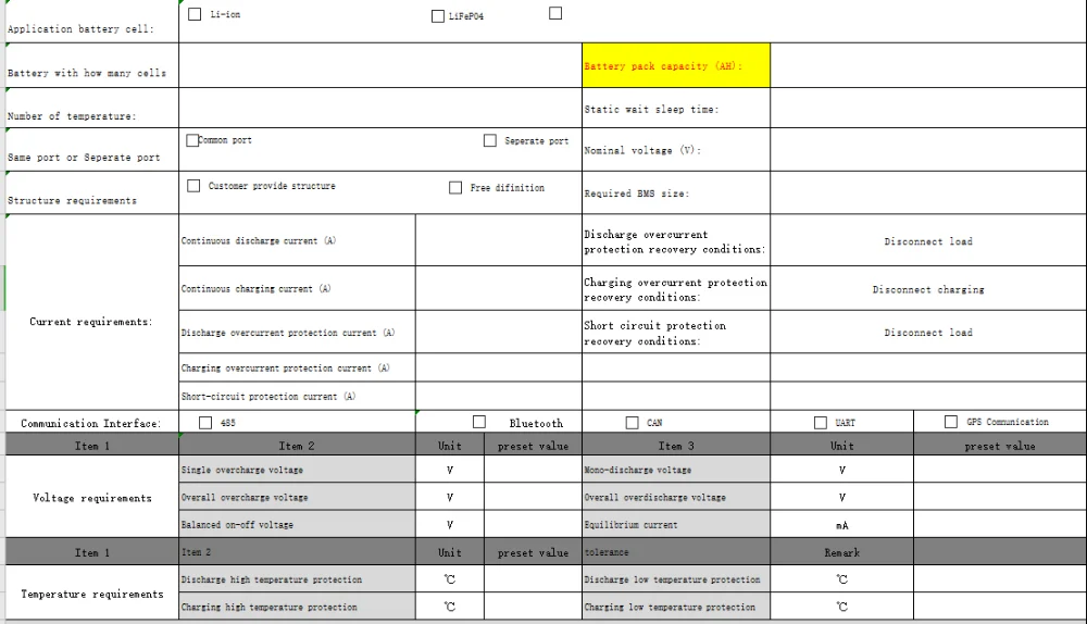 Smart BMS Need Customer to fill in Parameter
