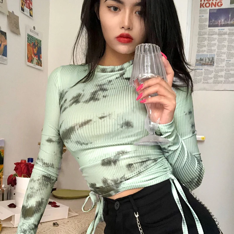 Rockmore Tie Dye Футболка женская облегающая повязка на шнурке рубашки для женщин с круглым вырезом и длинным рукавом Уличная одежда кроп-топ Винтажная Футболка