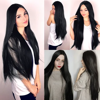 AISI HAIR Long Straight Black Wig Synthetic Wigs for Women Natural Middle Part Lace Wig Heat Resistant Fiber Natural Looking Wig 5