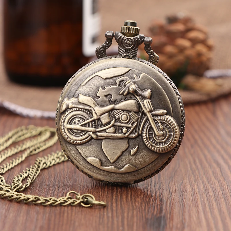 

Vintage Antique Motorcycle Pattern Steampunk Quartz Pocket Watch Retro Bronze Women Men Necklace Pendant Clock with Chain