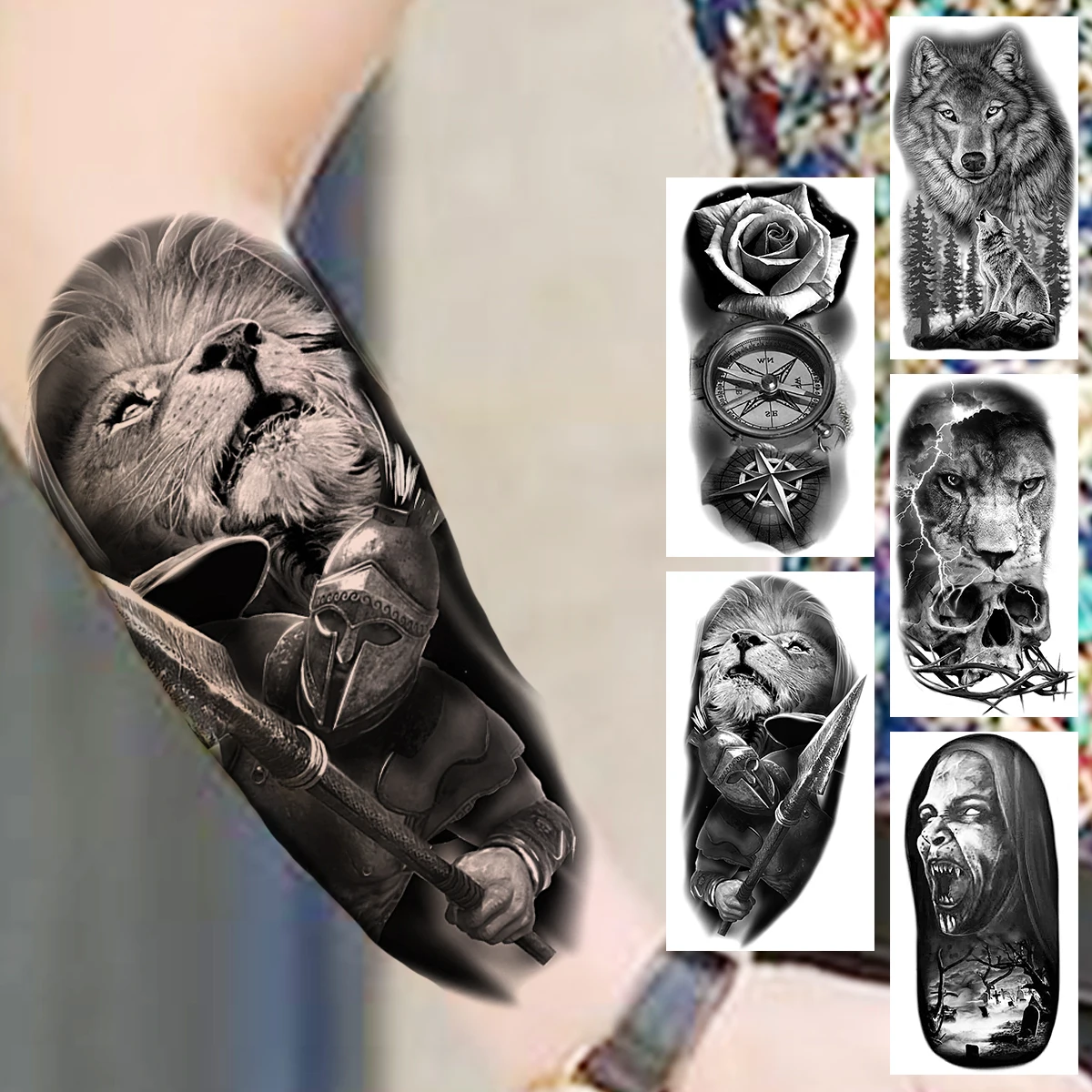 

Lion Warrior Temporary Tattoos For Women Adults Realistic Compass Vampire Wolf Skull Flower Fake Tattoo Sticker Forearm Tatoos