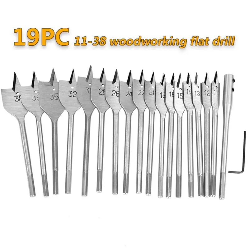 

19Pcs 11-38Mm Spade Drill Bit Set with Extended Rod Wood Drill Bit Set for Woodworking Wood Boring Drill Bits