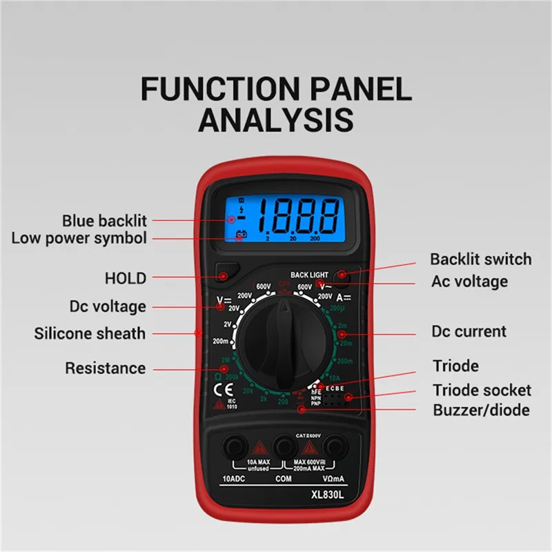 1PCS LCD Digital Multimeter XL830L AC/DC Current Ammeter Voltage Resistance Capacitance Volt Amp Ohm Meter with Tester Probe