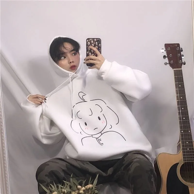 Толстовки женские с принтом Kawaii Ulzzang Harajuku мягкие плюс бархатные Большие размеры уличная простая с капюшоном модная женская толстовка шик