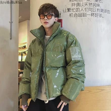 AreMoMuWha, зимняя куртка с воротником, свободная, яркая, кожаная, ткань, ветровка, толстое, теплое пальто, для мужчин, женщин, пара, фиолетовая, хлопковая одежда, QX1037