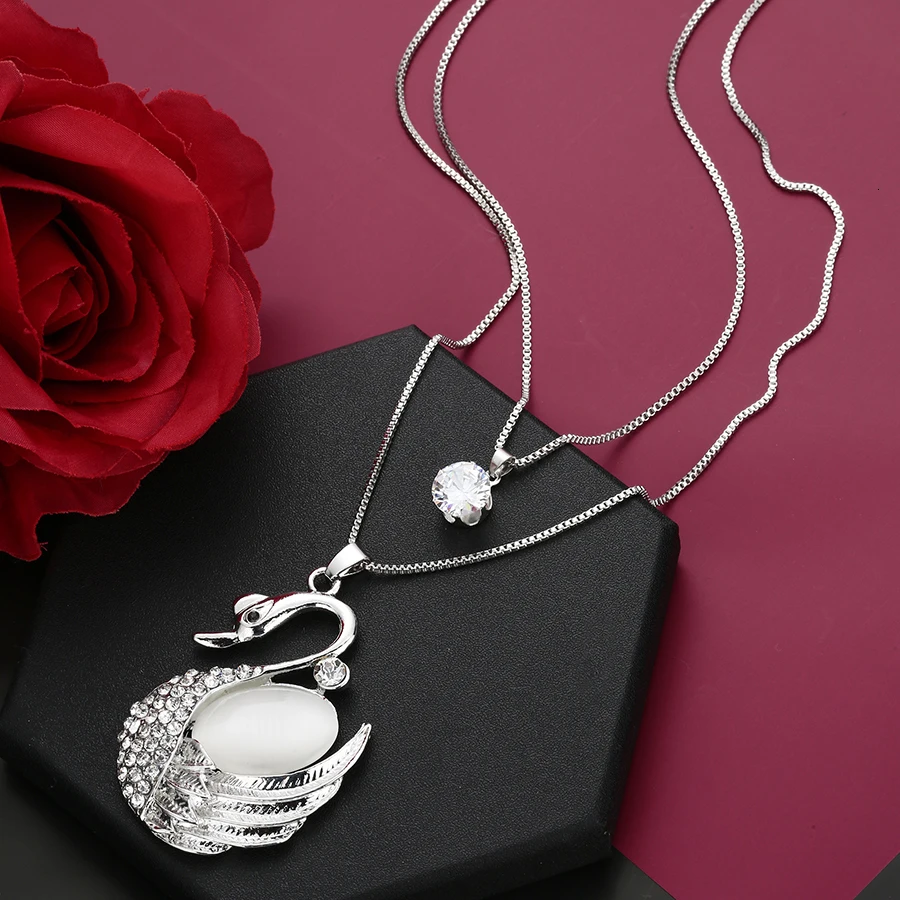 RAVIMOUR большая белая Опаловая подвеска в виде лебедя, ожерелье s для женщин, корейский стиль, длинная цепочка, ожерелье, модное ювелирное изделие, кристалл, колье для женщин