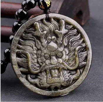 

HFANCYW puissant naturel or obsidienne sculpté rond Dragon amulette pendentif collier pour hommes ou femmes bijoux livraison dir