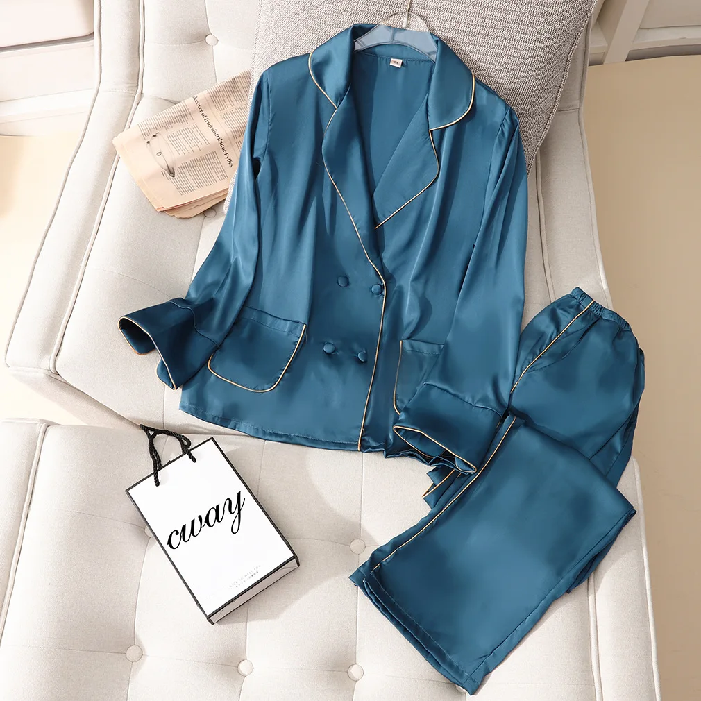 Fdfklak 2 Piece Spring Summer Women Sleepwear Ice Silk Satin Pajamas Set Long Sleeve Sleepwear Pajamas Suit Female Homewear