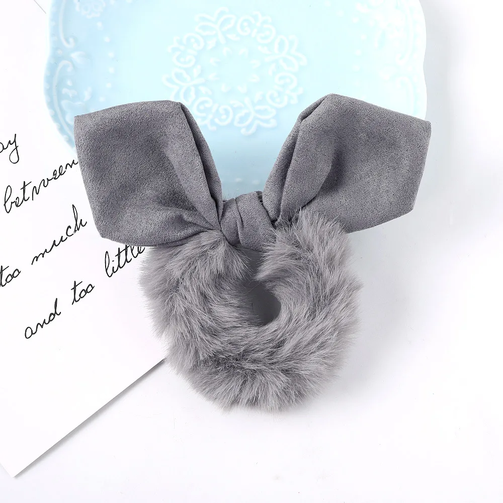 gray hair bow Новинка, Модная Меховая повязка для волос, банты, лента для волос, для женщин, милый бант, конский хвост, повязка для волос, резинки для волос, аксессуары для волос для девочек - Цвет: gray hair bow