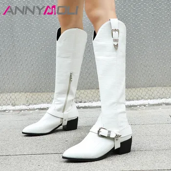 

ANNYMOLI Women Western Boots Shoes Pointed Toe Block Heels Knee High Boots Buckle Zip Long Boots Autumn Winter Black Golden 43
