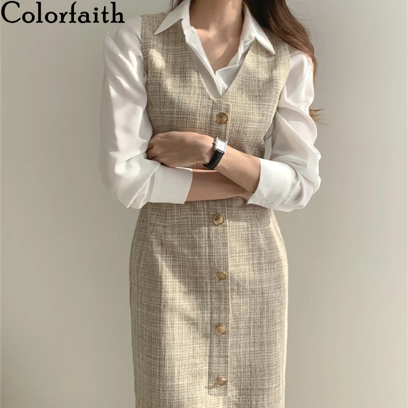 Женское длинное платье без рукавов Colorfaith, офисное платье с высокой талией и пуговицами, Осень зима 2020, DR1323|Платья|   | АлиЭкспресс
