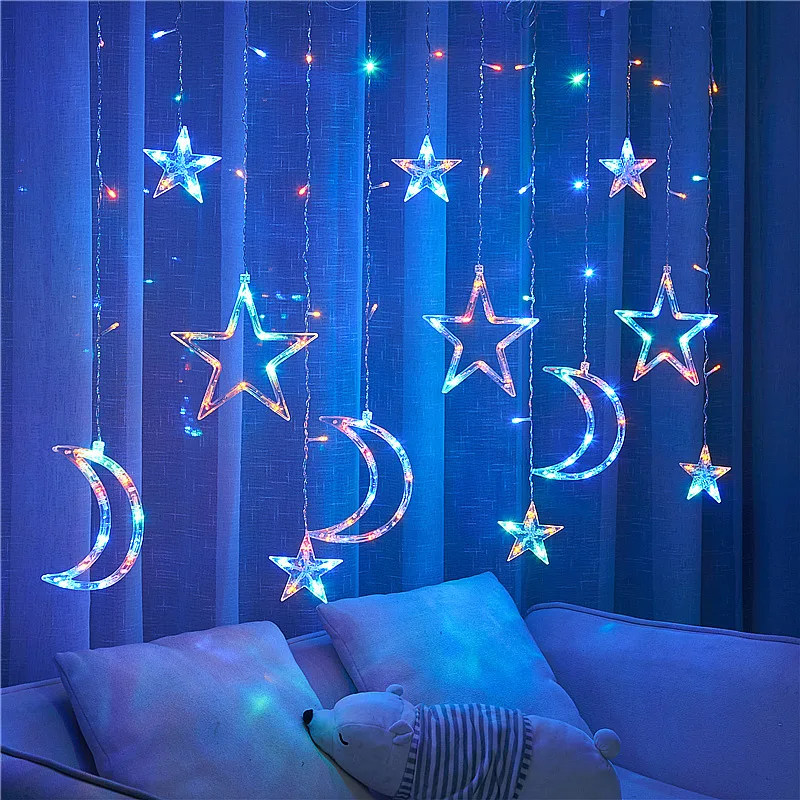 Chuva de Meteoros Tira do Feriado ao ar Luzes de Fadas Decoração do Feriado Solar Cortina Lâmpada Estrelas Lua Guirlanda Luz Livre Natal Led 3.5m 6 Cheap Lâmpadas solares