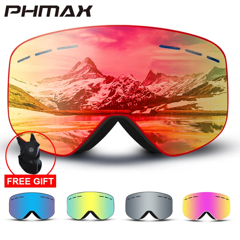 Online Marca PHMAX 6 colores gafas de esquí doble capa UV400 Anti niebla gran máscara de esquí gafas de esquí hombres mujeres nieve Snowboard gafas
