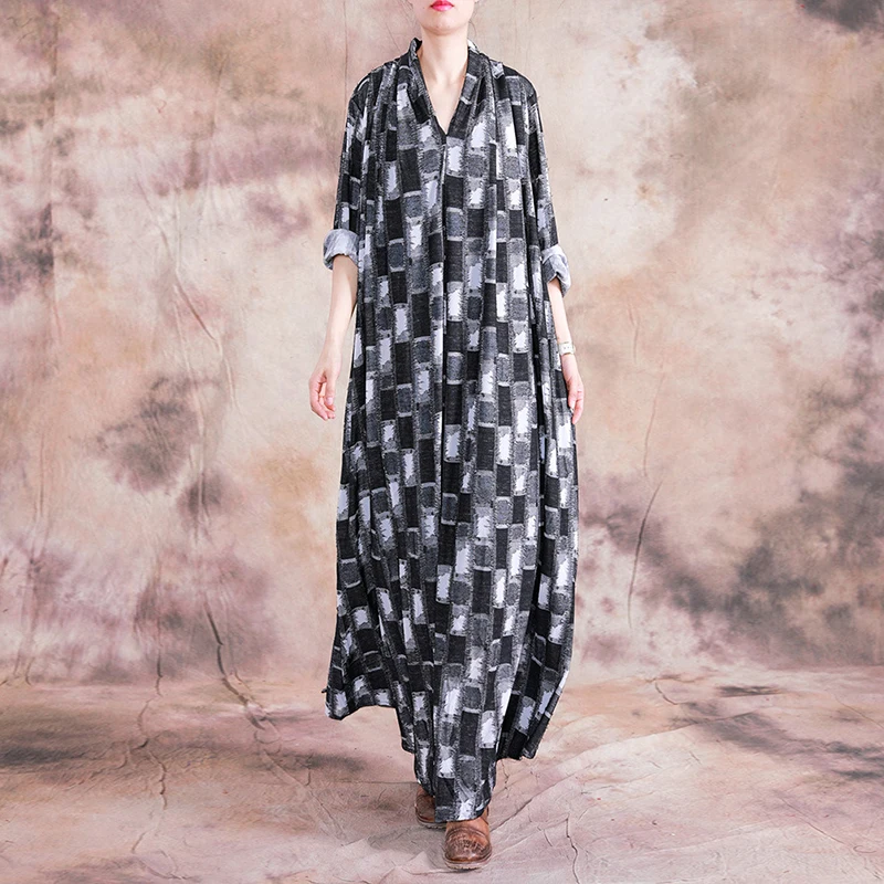 Белый Johnature Patchwork New Autumn Casual Plaid Cotton Linen Maxi Dress Loose Full Sleeve V-neck Fashion Women Dresses - Цвет: Белый