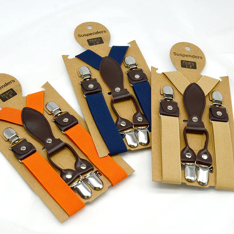 

Children's adjustable four-clip strap clip Fashion solid color boys and girls suspenders with 19 colors
