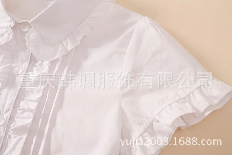 Рубашка с короткими рукавами для девочек; милая однотонная плиссированная рубашка с отложным воротником