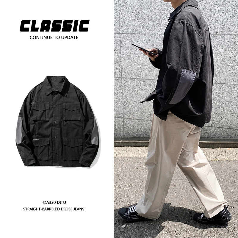 

Spring Jacket Men's Fashion Solid Color Cotton Multi-pocket Tooling Jacket Men Streetwear Loose Hip Hop Overalls Jackets Mens