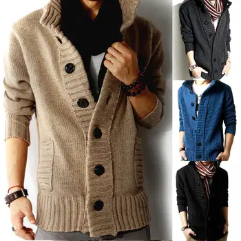 

Autumn Winter Sweater Men Cardigan SweatersThickened Warm Coat Stand Collar Buttons up Pockets Knitted Sweater Mens Cardigans