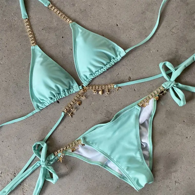 

Women Swimwear 2020 Women Rhinestone Pendant Swimsuit Bikini Crystal Bikini Set Swimwear Suit