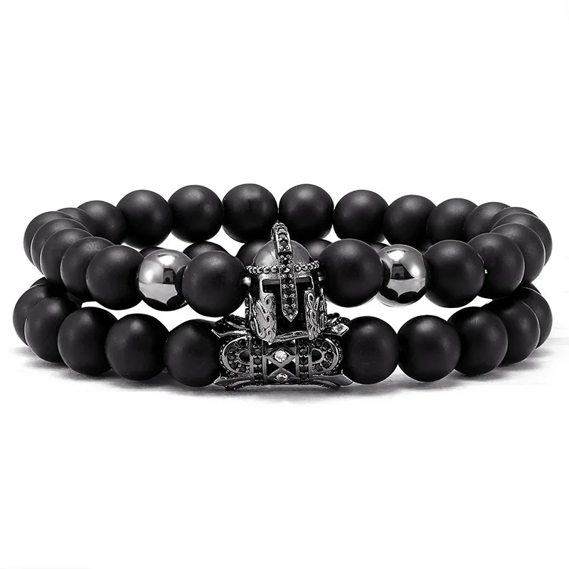 

2-piece micro-inlaid zircon knight helmet micro-inlaid zircon elastic rope bracelet set frosted stone men's bracelet jewelry