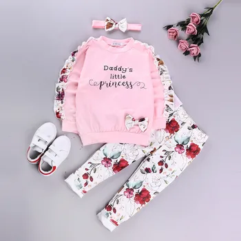 

Child Clothing Sets Toddler Girl Long Sleeve Ruffles Letter Print Tops Floral Pants Outfits Hairband Autumn Winter Girl Clothing