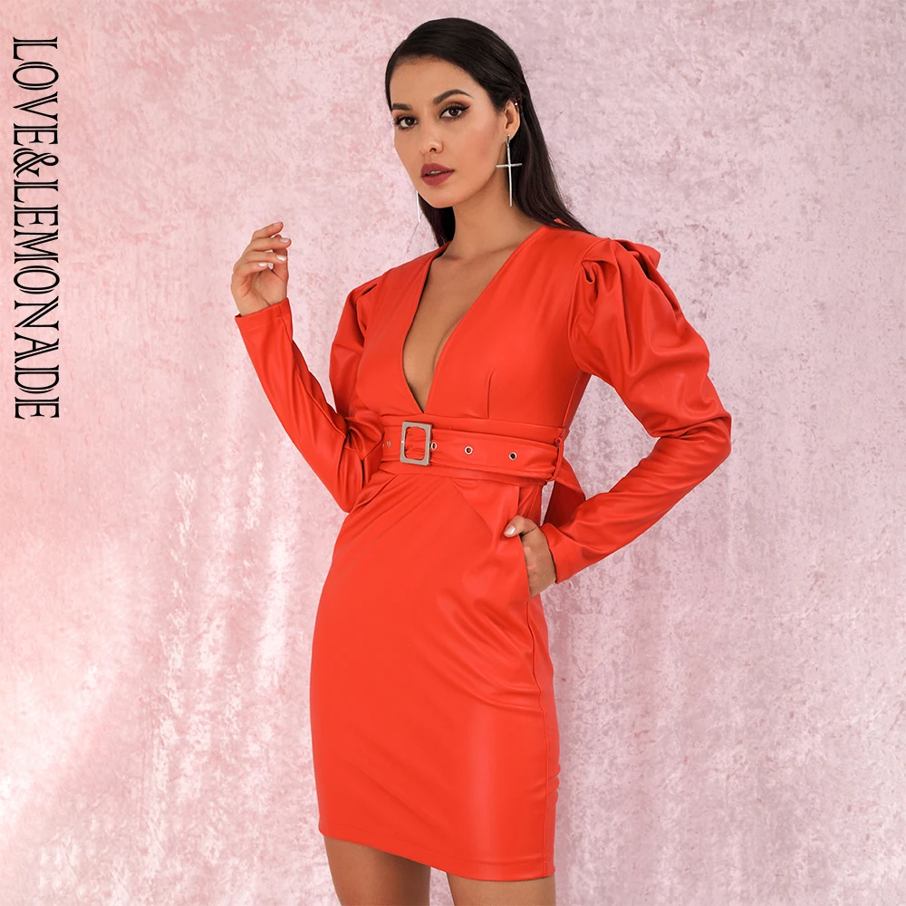 

LOVE&LEMONADE Sexy Red Deep V-Neck Bubble-Shaped Long-Sleeved PU Material Fit Party Dress (With Belt) LM81969