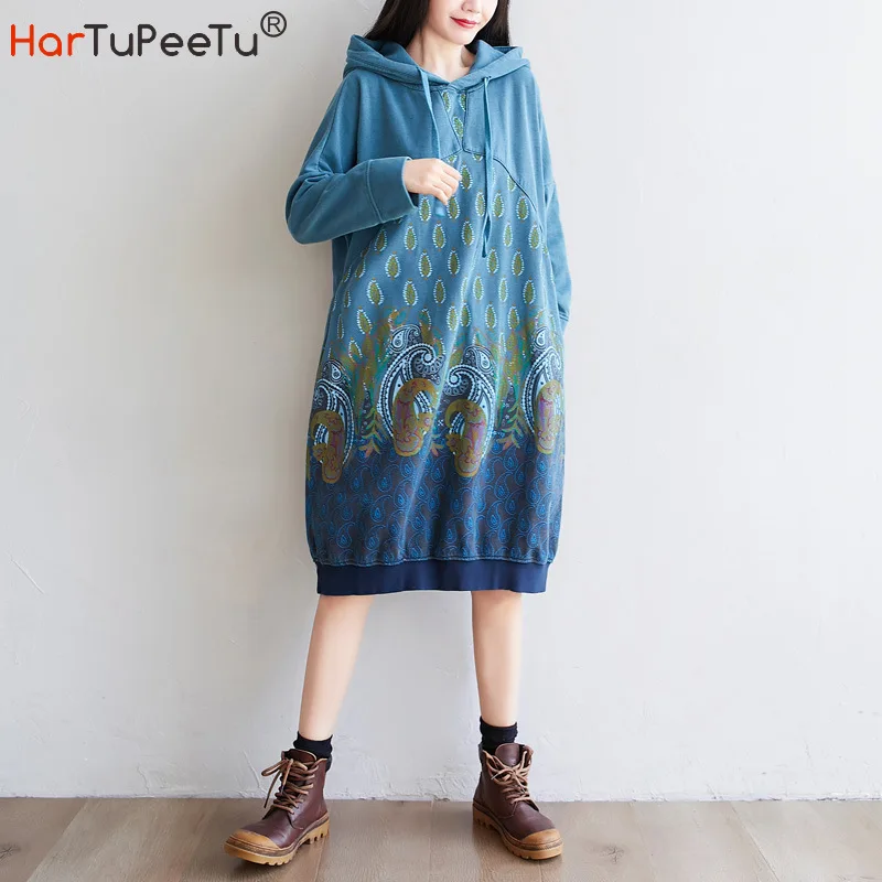 Fall Women Hoodie Dress Cotton Long Sweatshirt Vintage Print Loose Japan Style Casual Lace-Up Hooded Pullover Tops