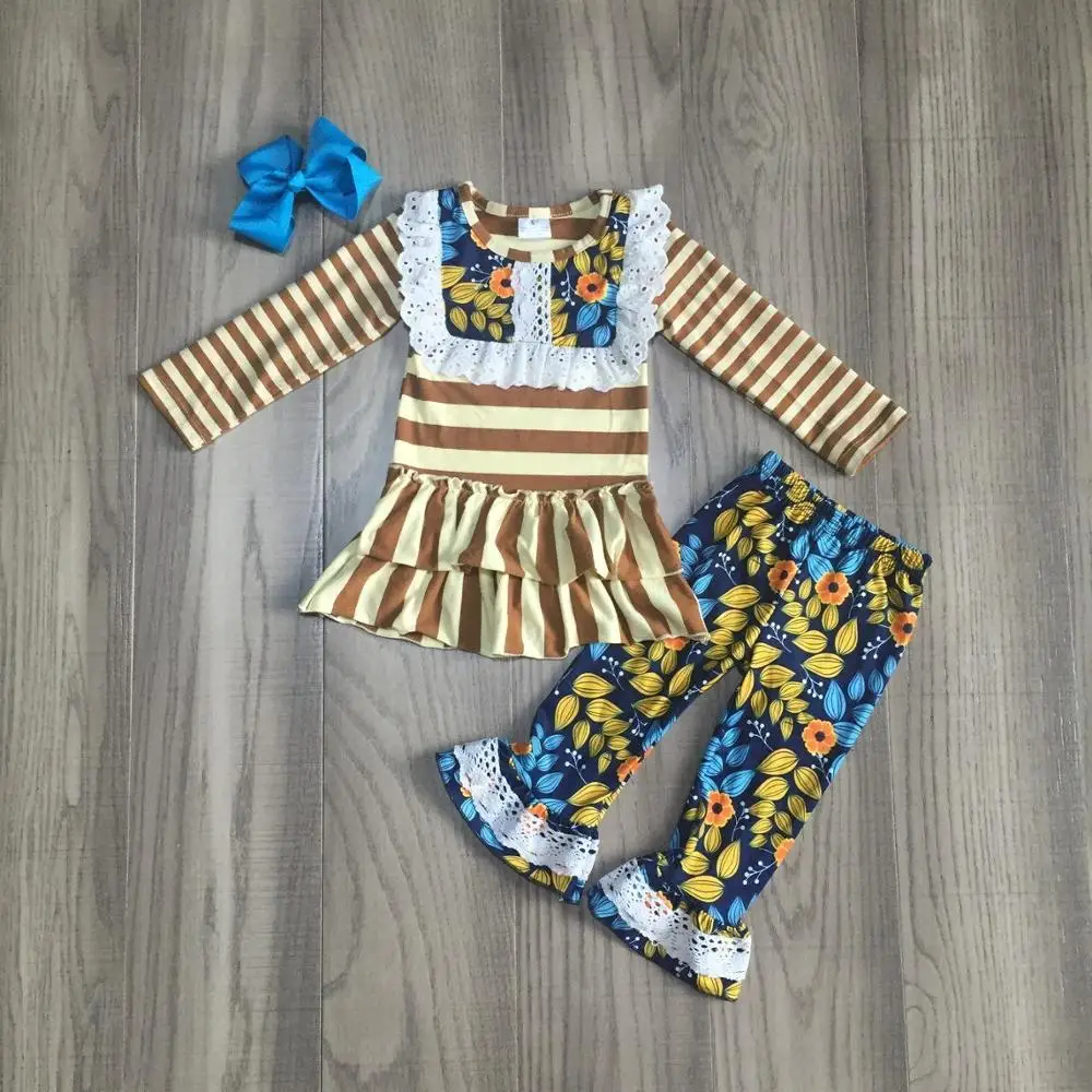 Осенне-зимняя детская одежда для маленьких девочек комплект одежды с цветочным принтом в коричневую полоску эксклюзивные брюки с молочным шелком и сверло вверх хлопковая одежда с бантом