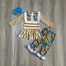 Осенне-зимняя детская одежда для маленьких девочек комплект одежды с цветочным принтом в коричневую полоску эксклюзивные брюки с молочным шелком и сверло вверх хлопковая одежда с бантом