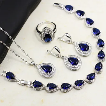

Ladies Jewelry Set European American Fashion Blue Crystal Zircon Necklace Earrings Ring Bracelet Bridal Party Dress Accessories