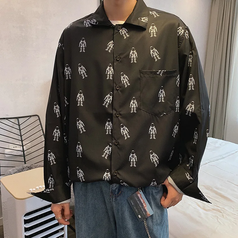 Spring Shirt Men s Fashion Cartoon Printed Casual Shirt Men Streetwear Wild Loose Long sleeved Shirts 4