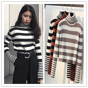

Nonis New 2020 Stripe Women Knitted Turtle Neck Sweater Pullover Long Sleeve Slim Ladies Spring Jumpers Bestmatch Ribbed Thick