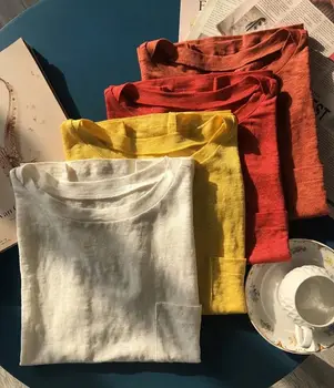 

Women Tshirts 2020 Spring and Summer Minimalist Design Linen Loose Round Neck Short Sleeves