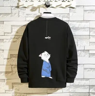 KUANGNAN Cat Толстовка-пуловер с принтом для мужчин, Японская уличная Толстовка Harajuku, Мужская толстовка в стиле хип-хоп, 5XL, осень - Цвет: Black