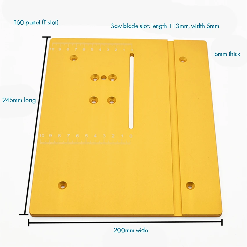 T60 Aluminum Router Table Insert Plate, 245 x 200x6mm, Made of Aluminum Alloy, Durable, for Table Saw Woodworking Workbench