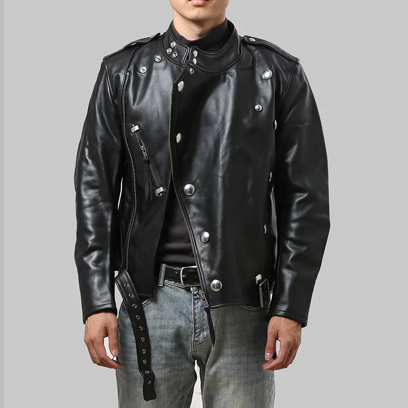 Promotion HD J31 Read Description ! Asian size men's genuine thick heavy cow leather coat vintage looking stylish rider jacket